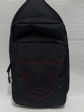 True religion travel sling black bag red horseshoe front